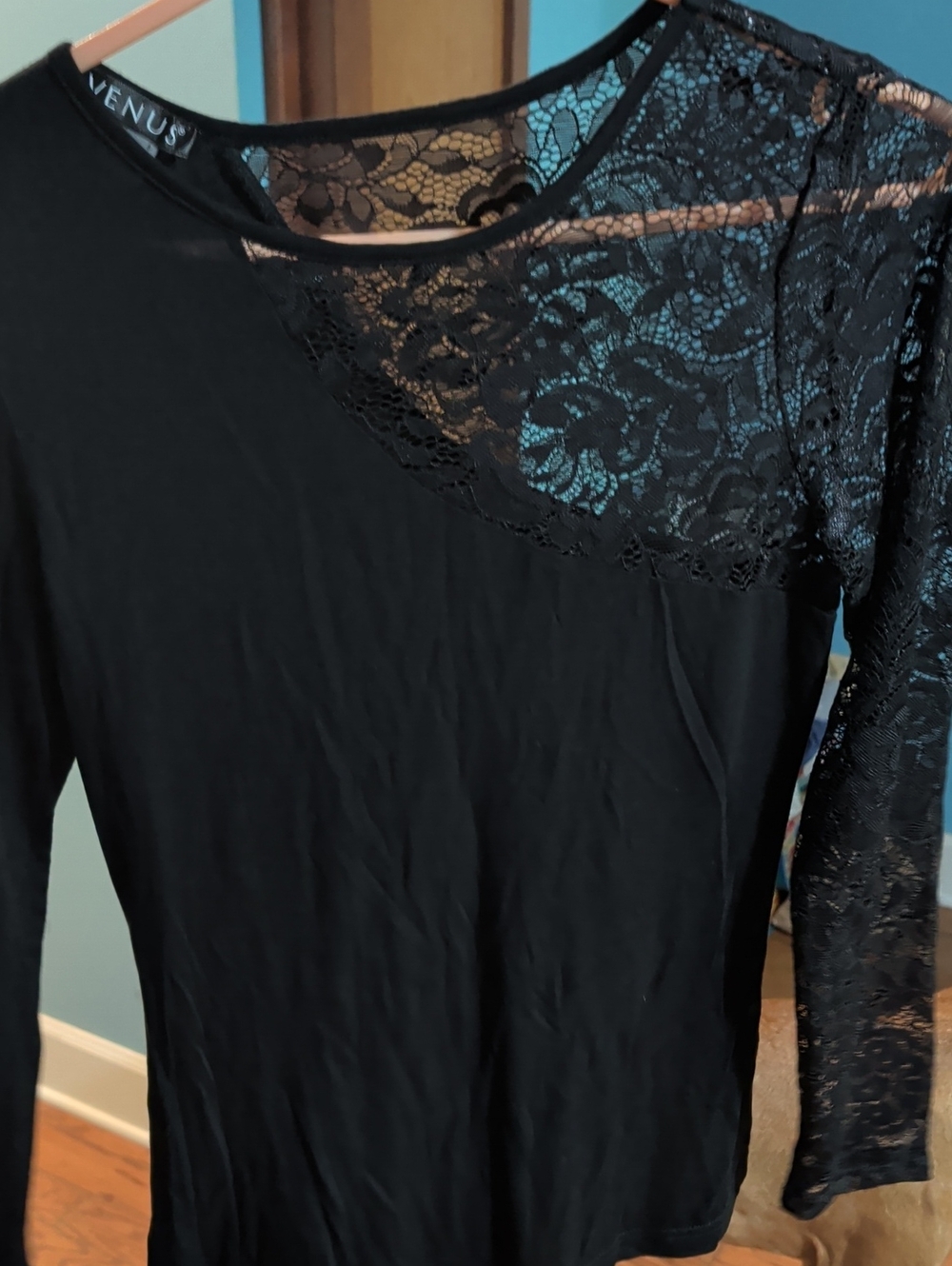 VENUS Black Lace-Detail Long Sleeve Chemise Top